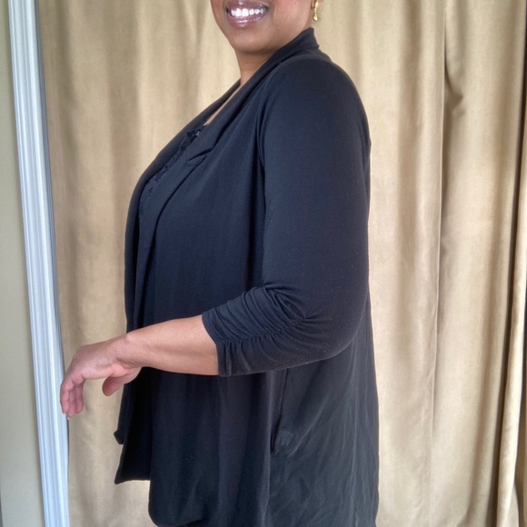 August Silk Woman Cardigan, Sheer Back, Black, 3/4 Ruched Sleeves, Size 1X - Picture 8 of 16